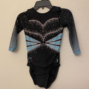 Ozone gymnastics blue ombre rhinestoned collectible custom leotard mesh 3/4 YL